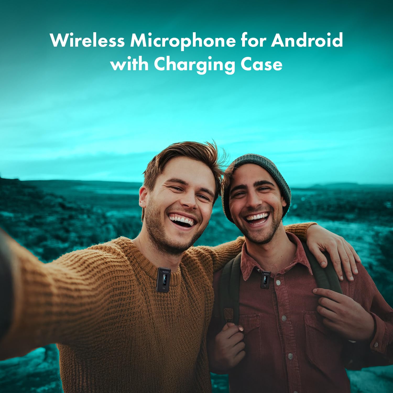 Movo - WMX-2-C Micrófono de Solapa inalámbrico para Android con Estuche de Carga, micrófono Integrado, micrófono de Solapa con Clip, batería 7HR, Rango de 328', Ganancia Ajustable, Pantalla LED