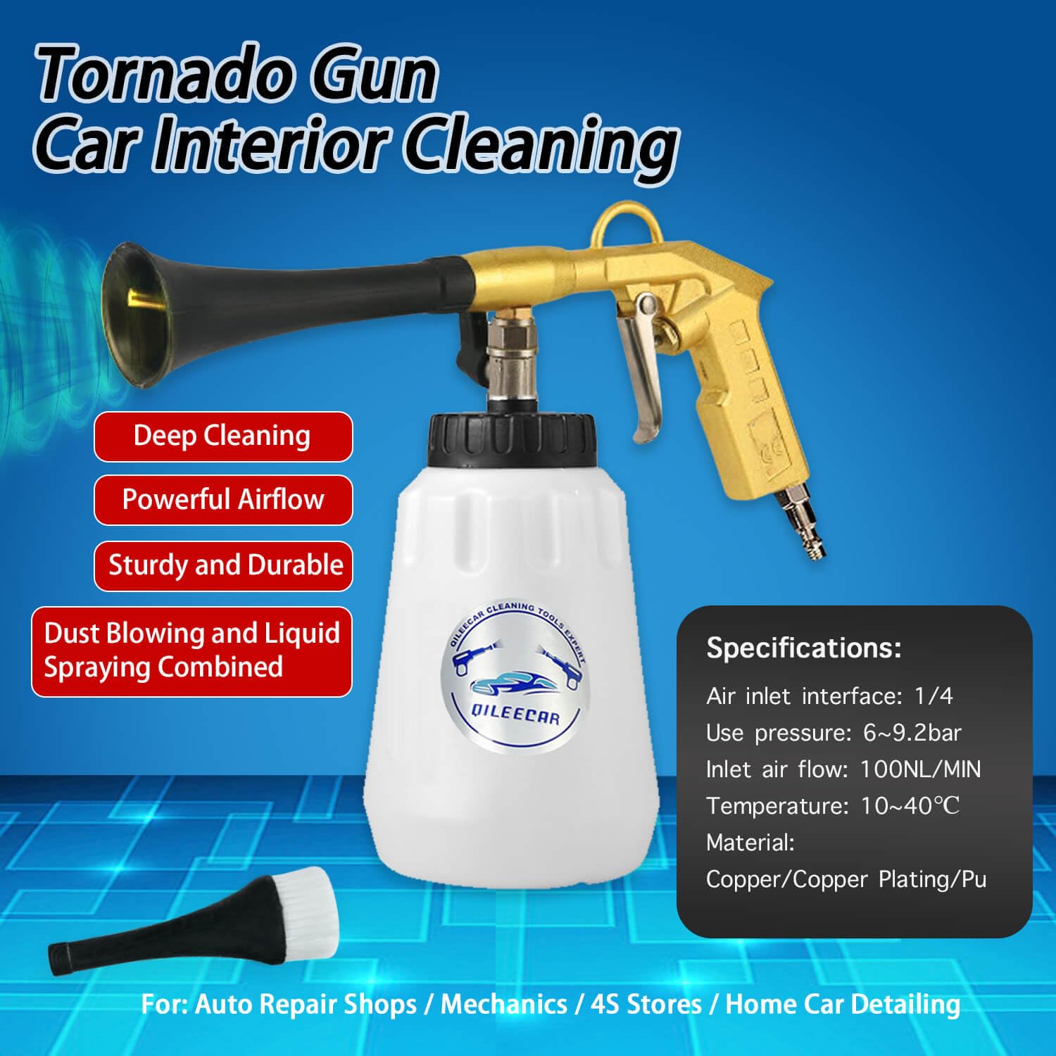 QiLeeCar Tornado Cleaning Gun, High Pressure Turbo Car Cleaning Gun Clean and Air Dry Auto Surfaces with a Strong Gust of Air and Universal Interior (Imitation Gold Metallic)