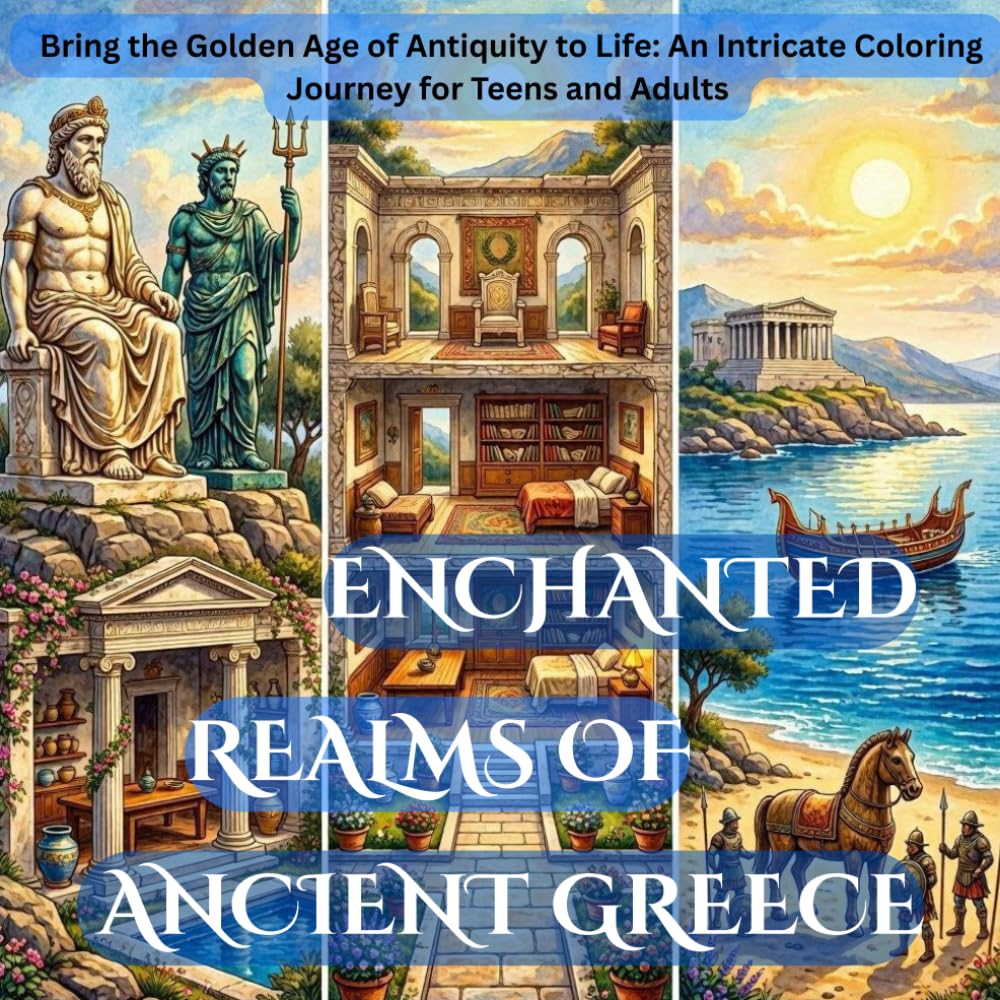 Enchanted Realms of Ancient Greece: Ancient Greece Coloring Book for Teens and Adults: Mythical Realms, Epic Battles, Olympic Games Arena, and Royal ... x 8.5" Square Format, Single-Sided Pages)