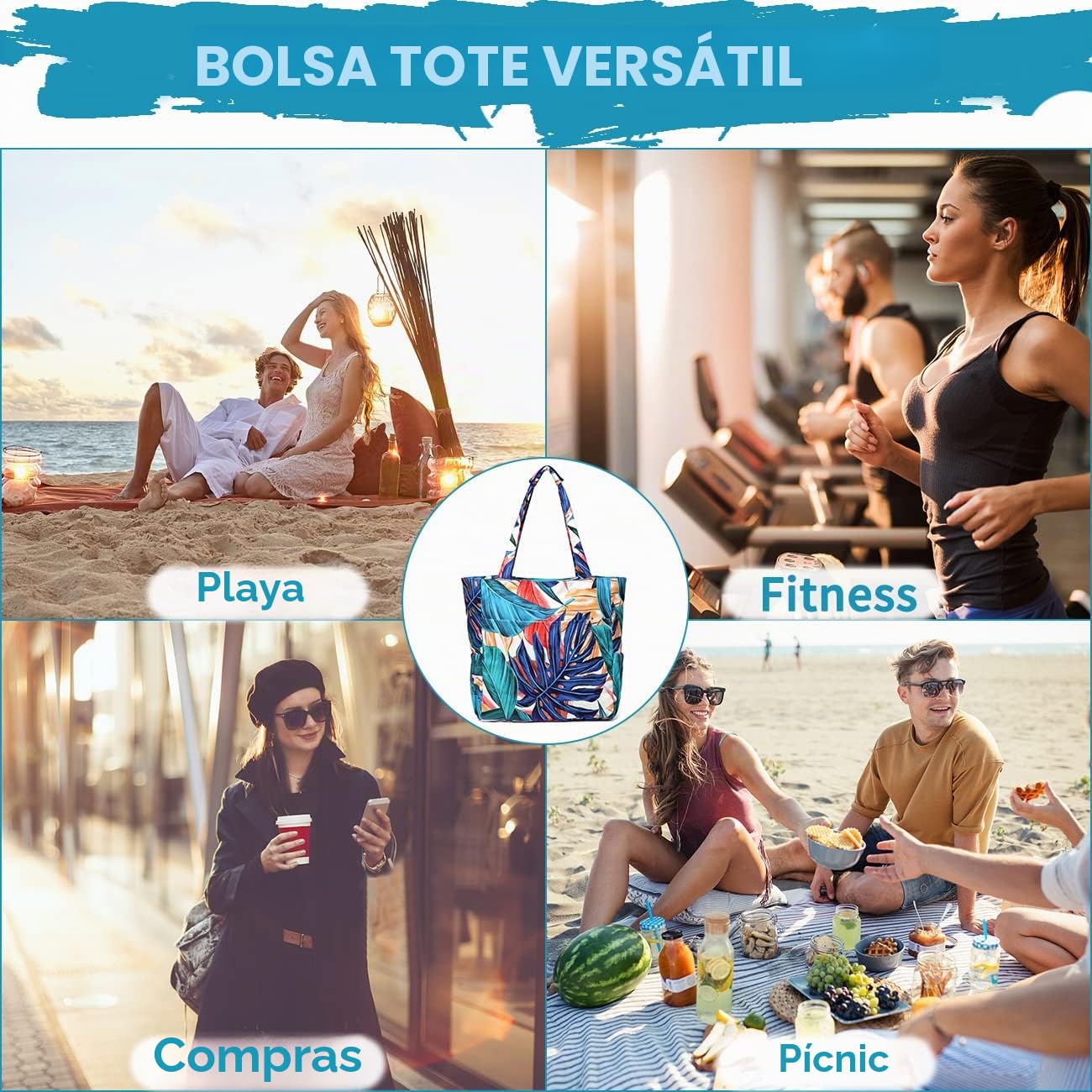Bolso Playa Mujer, Bolsa Playa Grande XXL Familiar Bolsa de Viaje Impermeable Bolso de Mano Verano Plegable Bolso Shopper Beach Tote Bag para Playa/Viajes/Diario, Hoja Palma