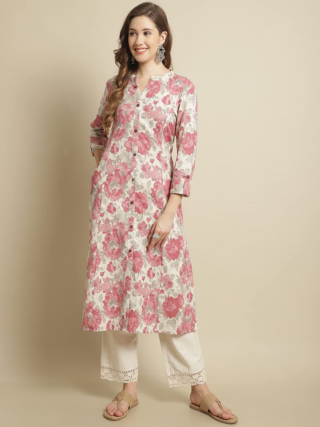 Pistaa's Women's Cotton Regular Printed Regular Fit Kurta (XX-Large, Pink) 4