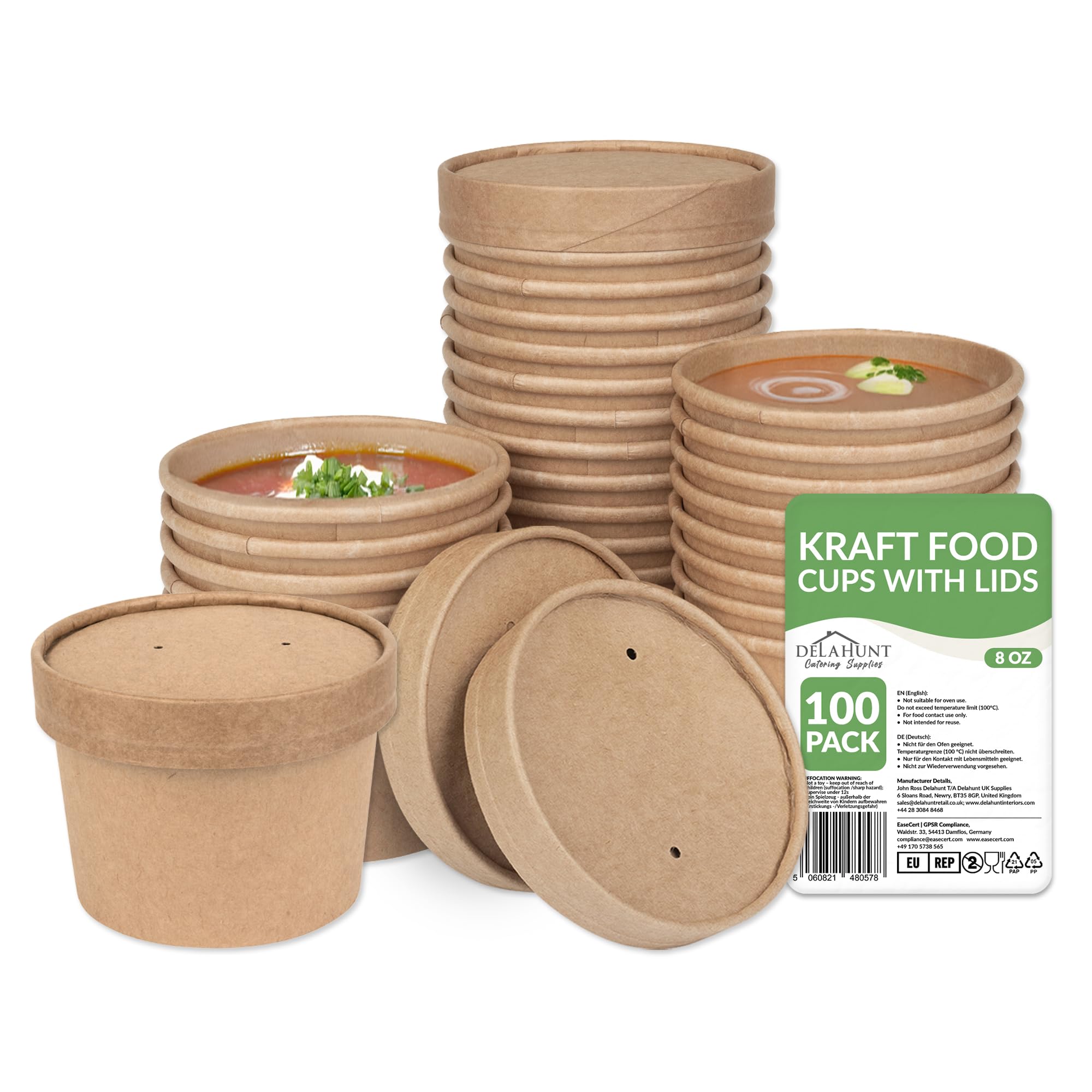 8oz (237ml) Kraft Soup Containers with Lids [100 Pack] - Leakproof Disposable Food Pots | Compostable Freezer & Microwave Safe Takeaway Containers, Soup Cups, Ice Cream Tubs for Hot Food & Desserts