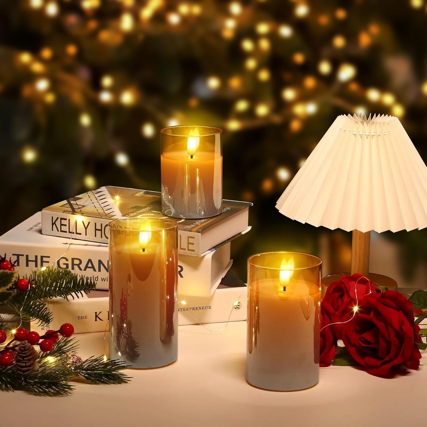 YiaMia Rechargeable LED Candle with Remote & Timer - 100+ Hours runtime, 1100mAh Battery Operated Flameless Flickering Candle for Wedding, Party, Halloween, Christmas, Home Decor, Gray Glass - 3 Pack