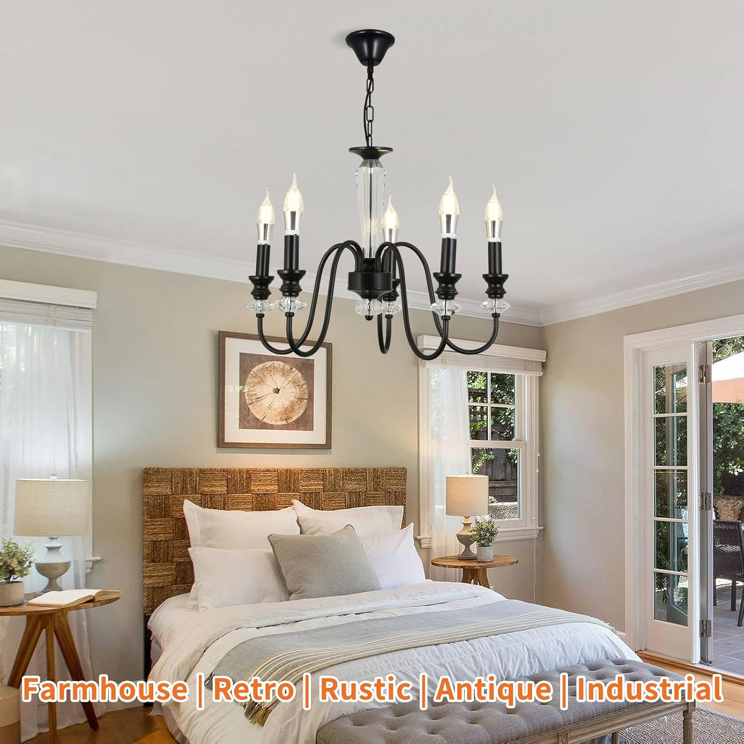 Black Chandelier, 5-Light Farmhouse Candle Chandelier for Living Room, Rustic Industrial Pendant Chandeliers for Dining Room, Vintage Crystal Hanging Light fixture for Hallway Kitchen Foyer E12