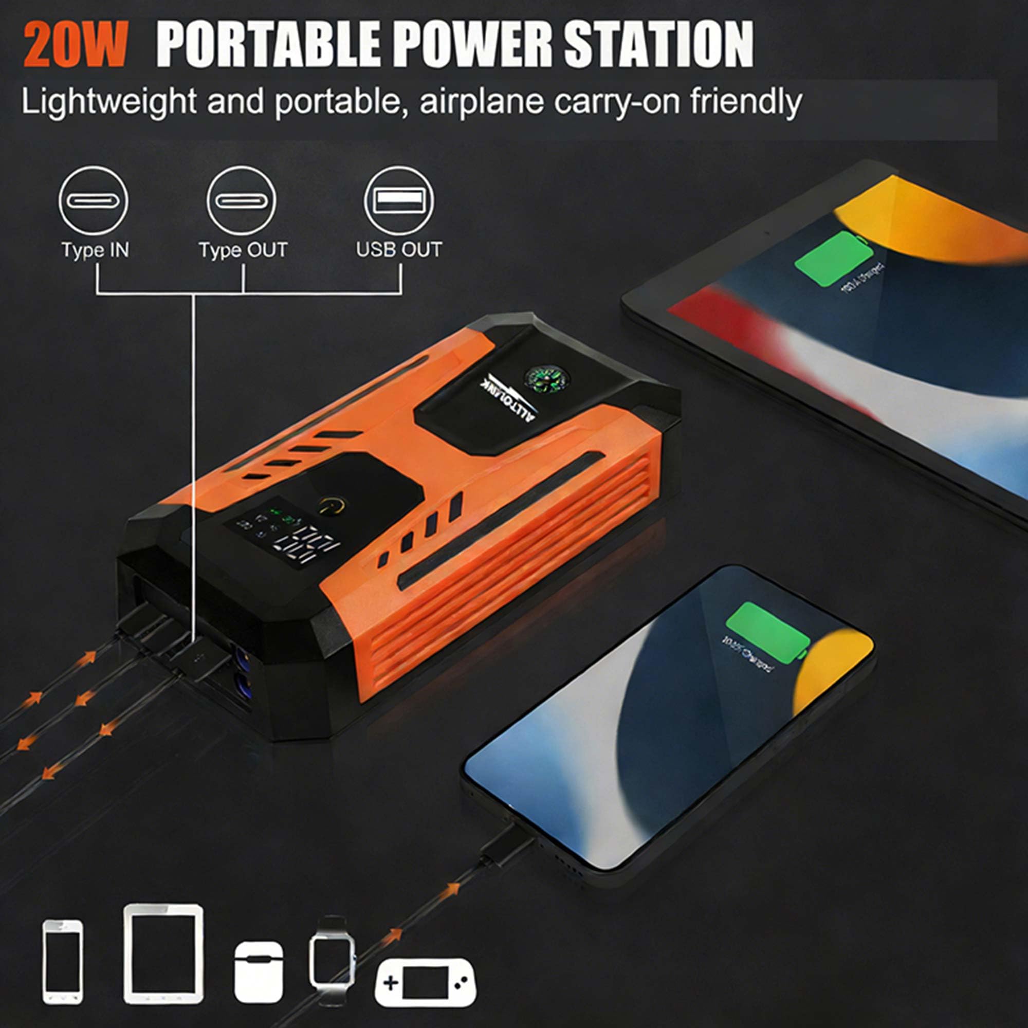 Jump Starter Power Pack, 3000A Portable Car Battery Booster Jump Starter for 12V Vehicles and Motorcycles, Portable charger with display screen and 20V fast charging, 4-mode LED lights - 4