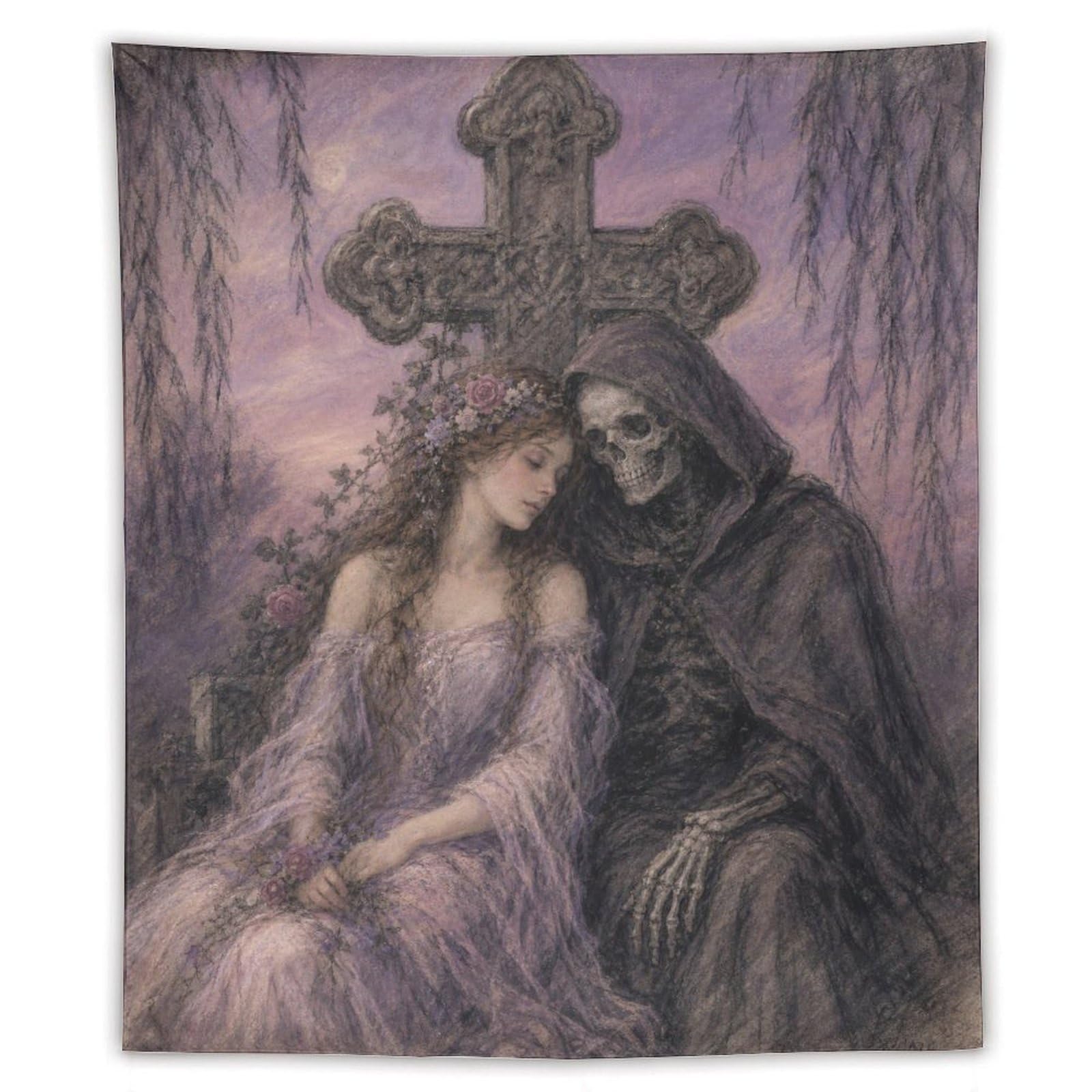 H3B8U2Y5 Gothic Bride with Death Wall Tapestry, Fantasy Illustration, Bed