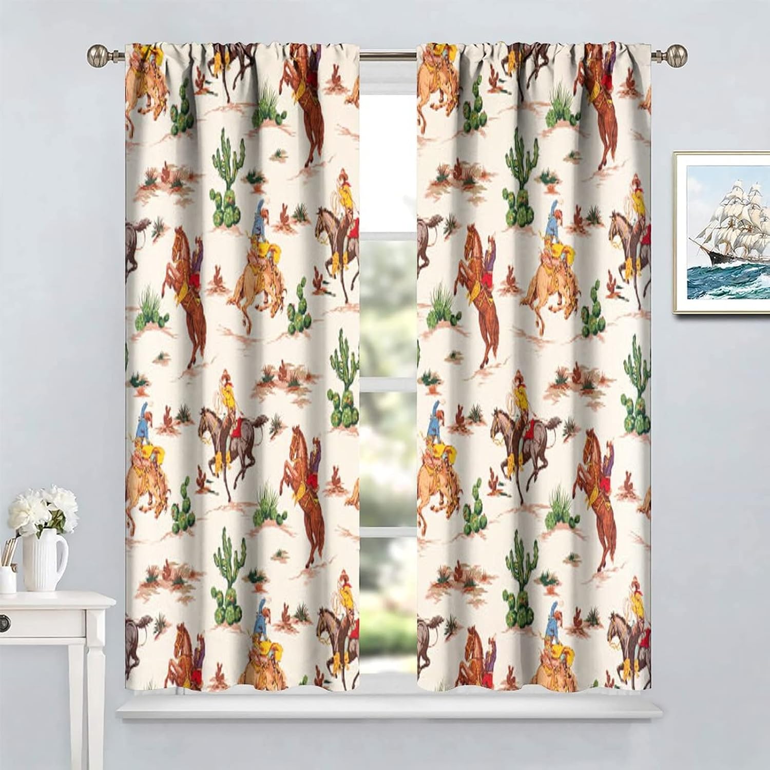 Vintage West Cowboy Window Curtains, Wild West Cowboy Ride Horse and Desert Cactus Blackout Rod Pocket Window Treatments for Bedroom Living Room 42x54in