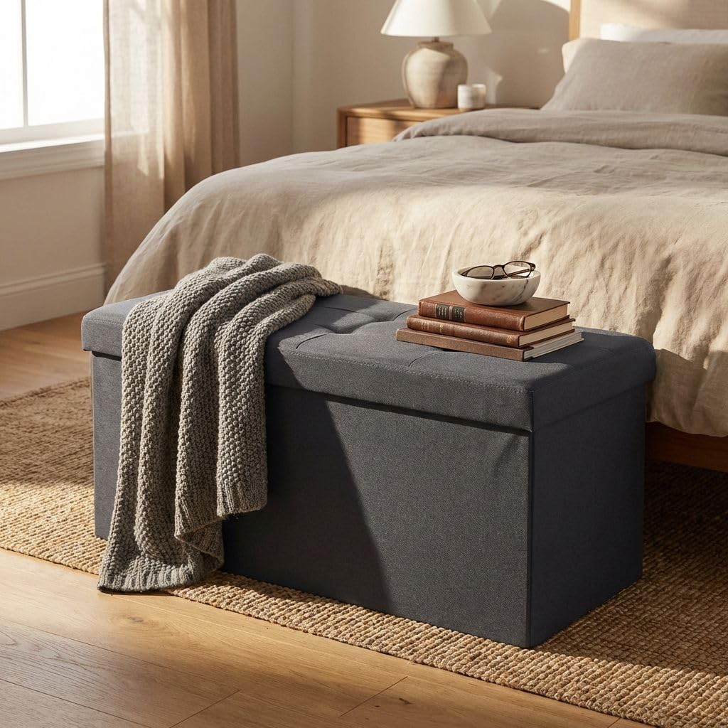 milani home - pouf contenitore rettangolare, tessuto, seduta contenitore poggiapiedi, nero, 76 x 38 x 38 cm