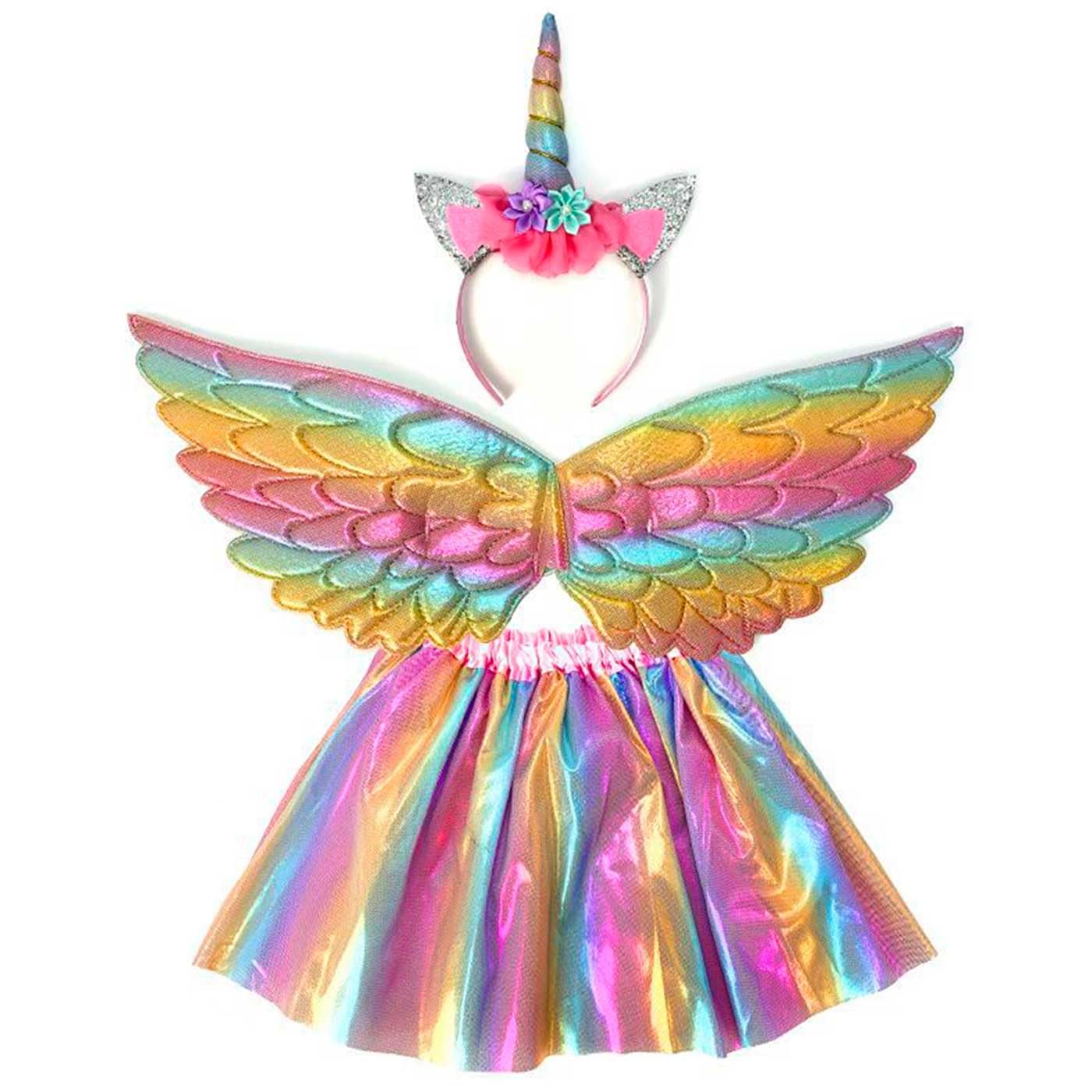 Tradineur - Disfraz infantil de Unicornio, 3 piezas, poliéster, incluye falda, alas y diadema, carnaval, Halloween, cosplay (Niña - 12 años)