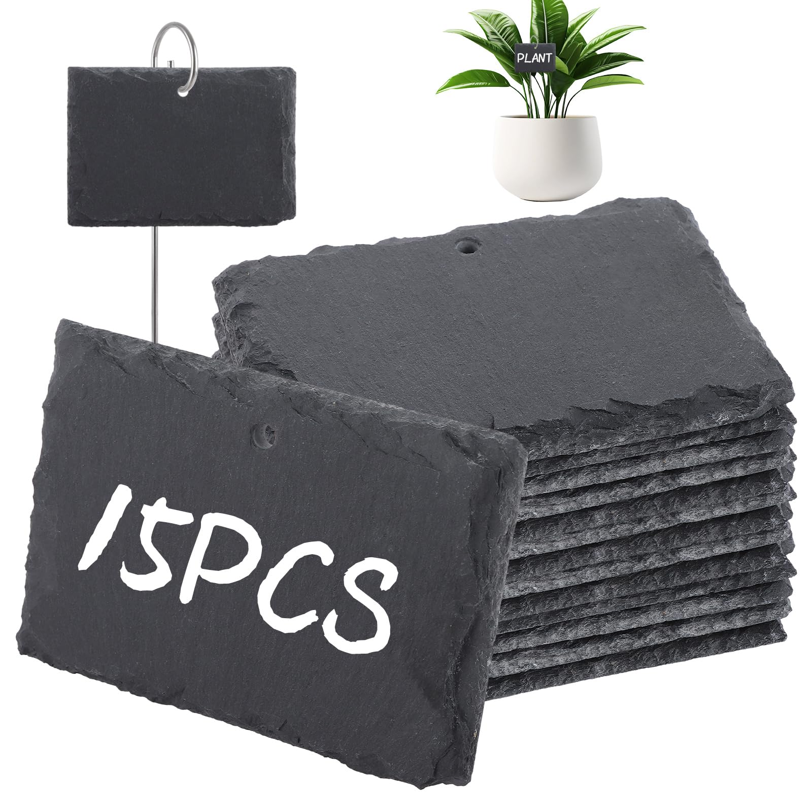 APACALI 15PCS Slate Plant Labels, 10 x 7cm Black Plant Labels, Garden Plant Labels with 40cm Stainless Steel Rods, Garden Labels for Outdoor Plants Vegetables Flowers, Rectangular