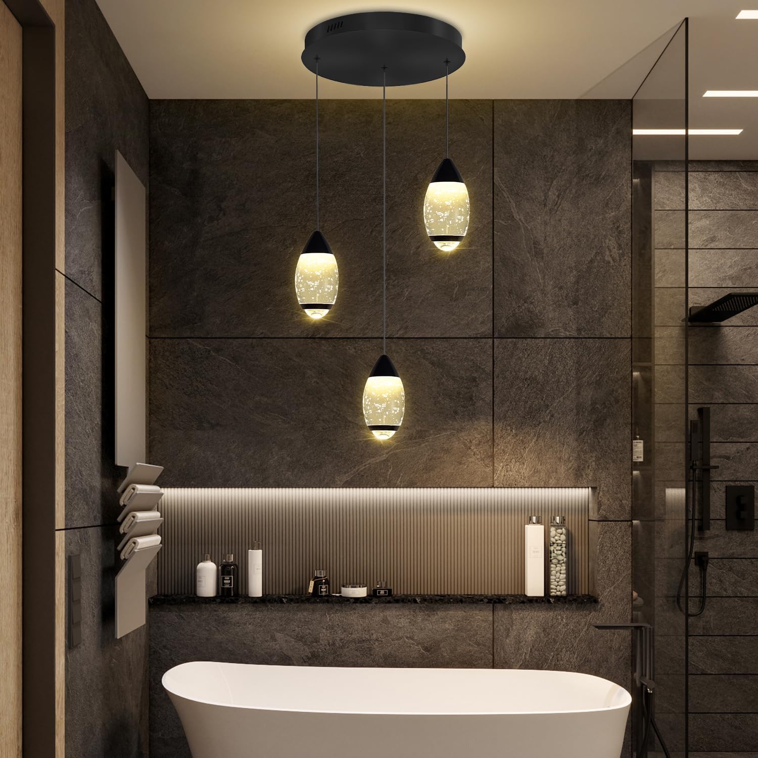 Black 3-Lights Crystal Pendant Light Kitchen Island Crystal Teardrop Chandelier Pendant Light Fixture for Dining Room, Living Room,Kitchen lsland, Foyer