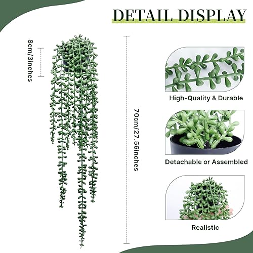 Vista 3 de Plantas colgantes artificiales para estante, paquete de 2 cadenas de perlas falsas en maceta negra, decoración para oficina, sala de estar, baño