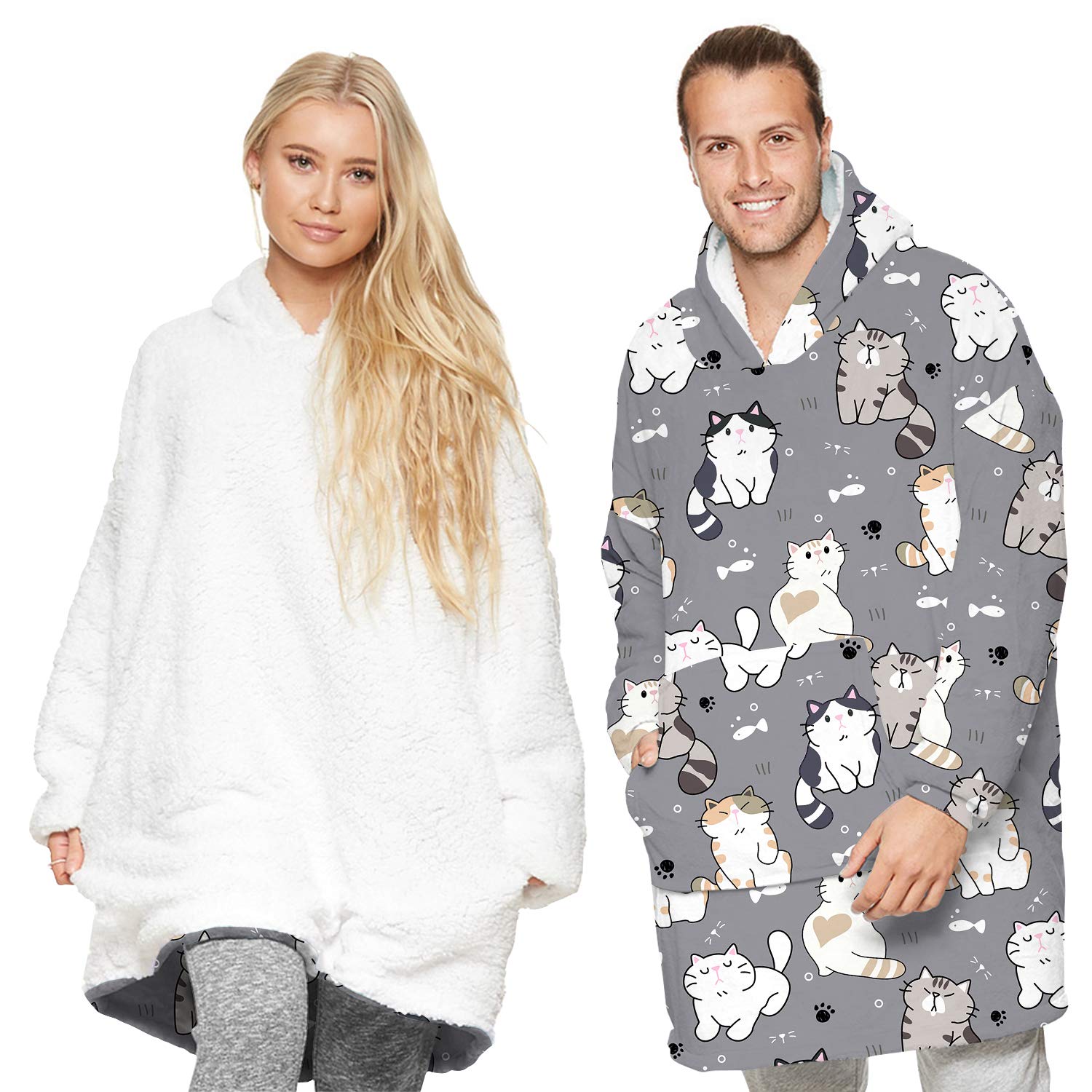 L&ieserram Oversized Oodie Blanket Hoodie Fluffy Fleece Hoodie Blanket for Women Men Kids Wearable Hooded Blanket with Big Pocket (Cats - Image 2