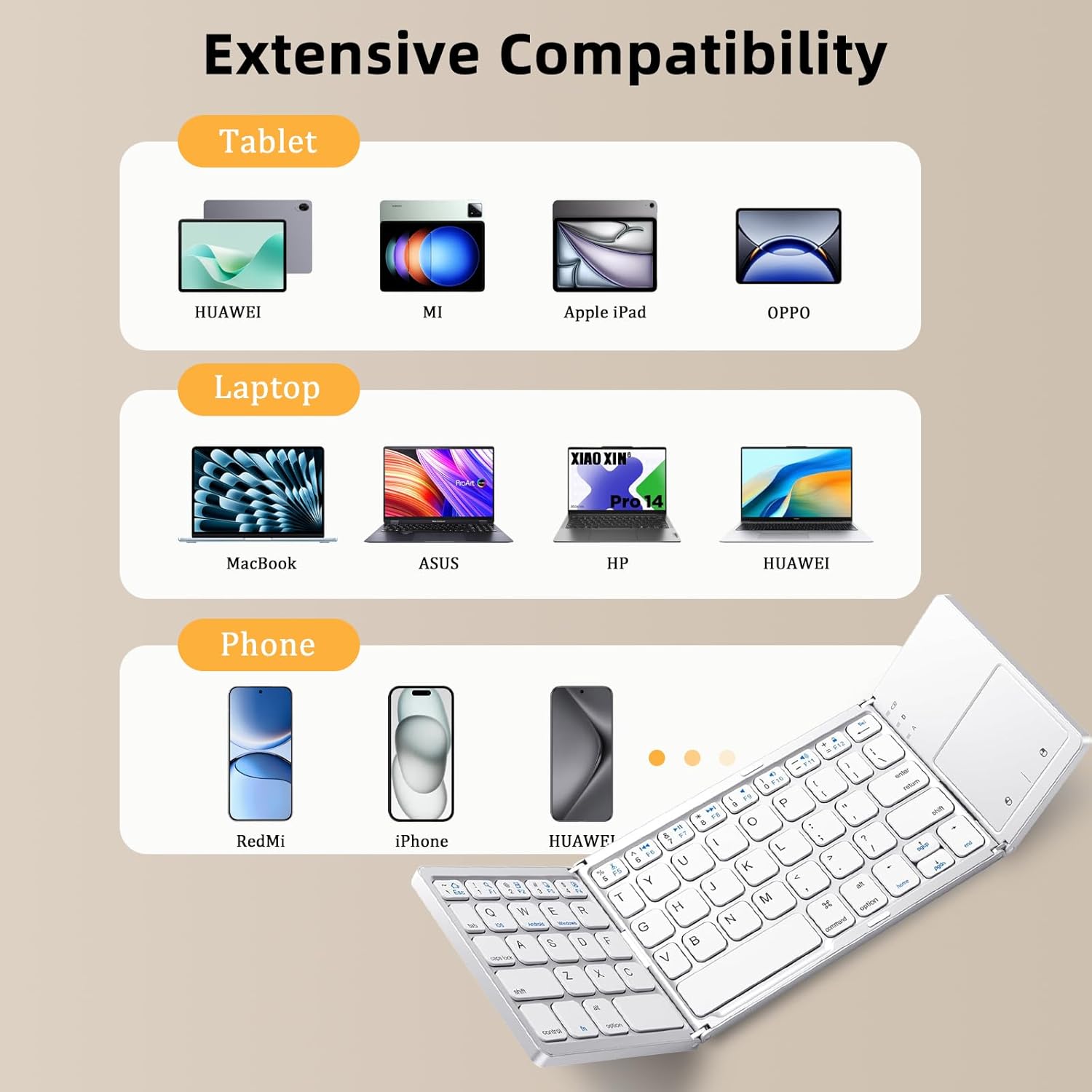 Diagram showing various tablets, laptops, and phones from different brands compatible with the Attoe B033 keyboard.