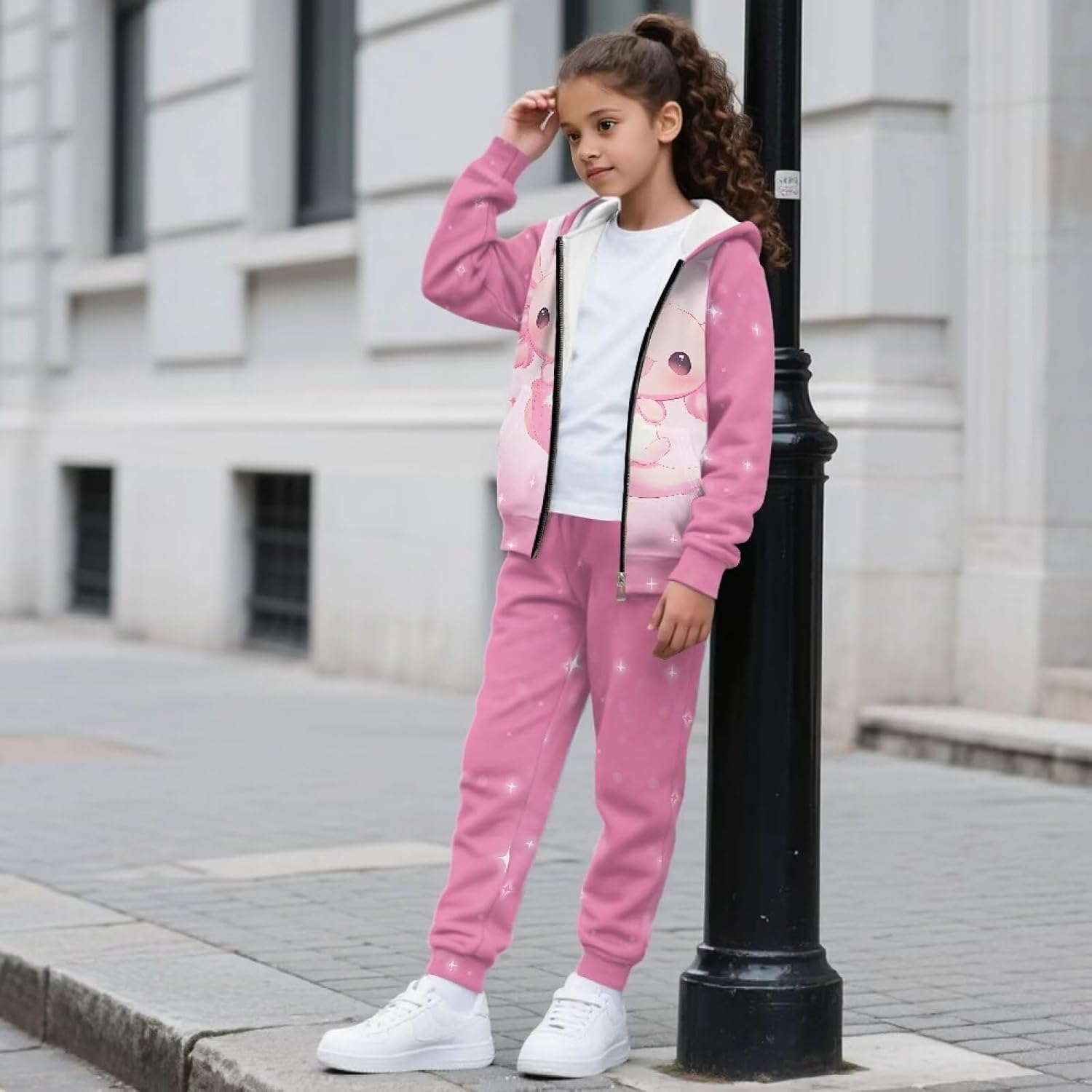 3D Print Children Girls Zip Up Jogger Sets Fall Winter Hooded Tracksuit Hoodie Athletic Running Outfit 6-15Y