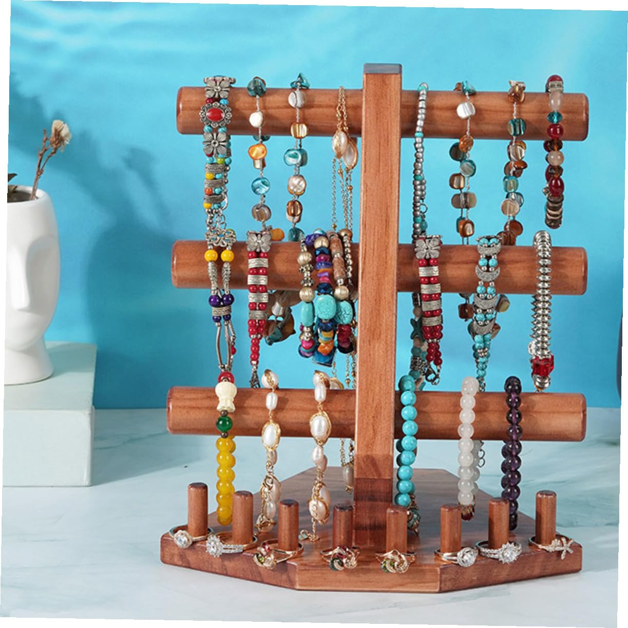 Vintage Schmuckständer aus Massivem Holz Dreistöckiger Armband Ringhalter mit Rutschfester Basis Stabiler Schmuckorganizer für Bangles Uhren und Schmuckaufbewahrung dem