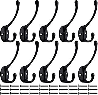 Beilala 10 Pack Double Coat Hooks for Wall Door with 30 Screws Black Antique Robe Hooks for Clothes, Hat, Scarf, Bag, Towe...