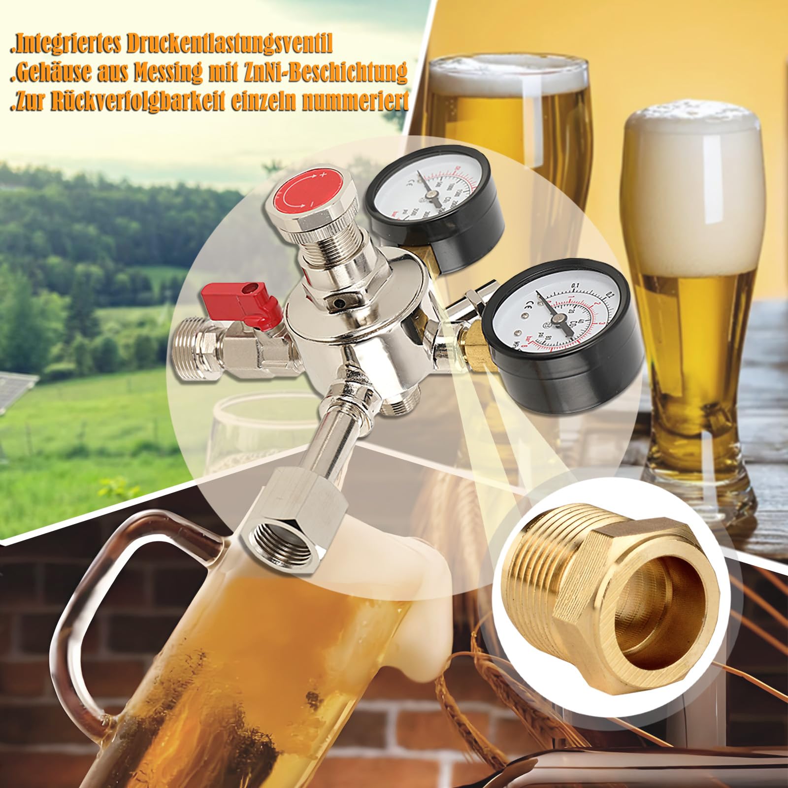 Druckminderer CO2 Druckregler, Druckminderer Gasflasche Mit Dual Manometer, CO2 Regler Bier Druckentlastungsventil Für Bier Maschine, Bierbrauen, Bierzapfanlage - W21.8 x 1/14