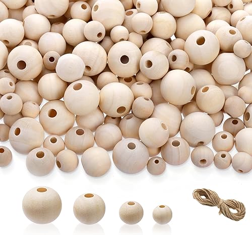 Foraineam Juego de 1200 cuentas redondas de madera natural, cuentas sueltas de madera natural, 4 tamaños de 0.394 in, 0.472 in, 0.630 in, cuentas