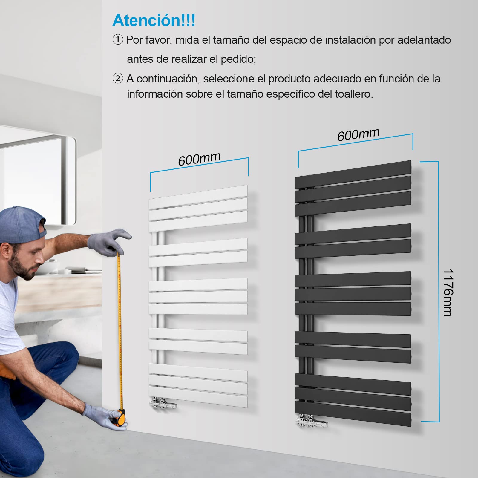 Heilmetz - Radiatore elettrico per asciugamani, 600 x 1176 mm, bianco, a tubo piatto, per bagno caldo su un solo lato, collega acqua calda efficiente per bagni accoglienti