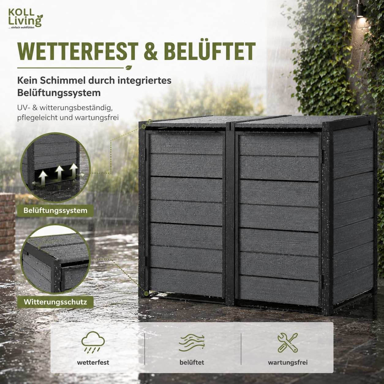 Koll Living Mülltonnenbox Hide Away | 480 Liter, flexibel erweiterbar | Stahlrahmen | mit Gasdruckfedern | Anthrazit | naturgetreue Holzoptik | wetterfest & wartungsfrei | belüftet