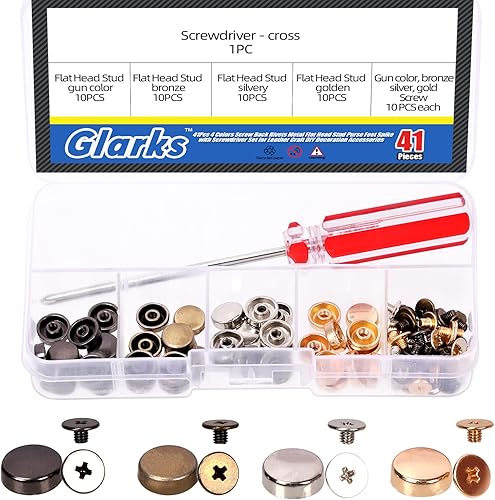 Glarks 41 remaches traseros de tornillo con juego de destornilladores, 4 colores de metal de cabeza plana, pies de bolso, pies de mano, cabeza de