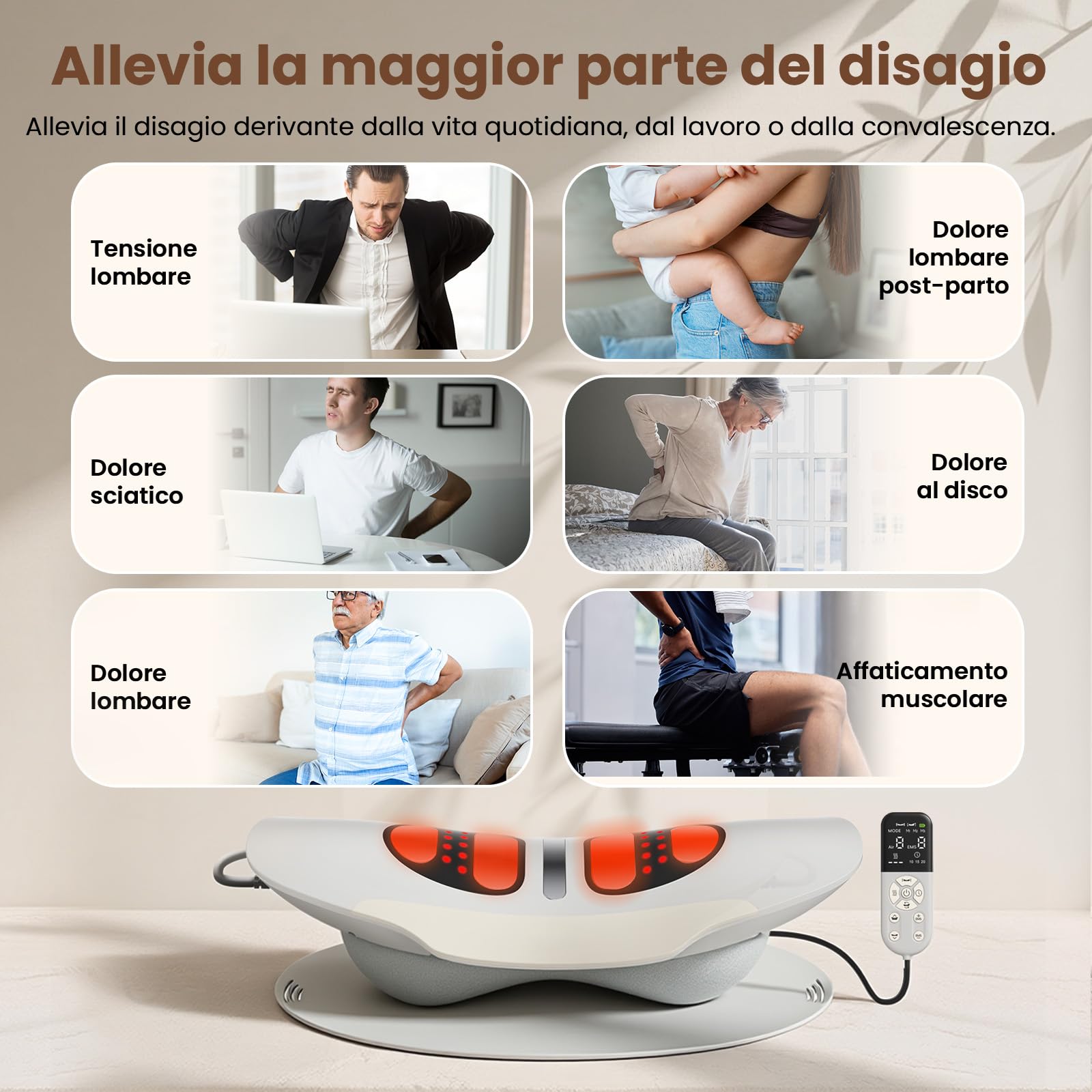 Dispositivo di Trazione Lombare, Massaggiatore Intelligente per Lombare, Sollievo Dolore Schiena & Sciatica, Allungamento Colonna con Oscillazione e Altezza Regolabile, Relax