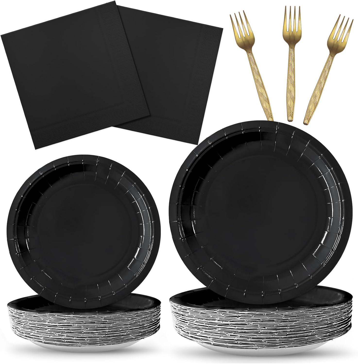 ZVK Black Paper Plates Dinnerware Set 200 Pieces Party Dessert Plates, Dinner Plates, Napkins with Forks Disposable