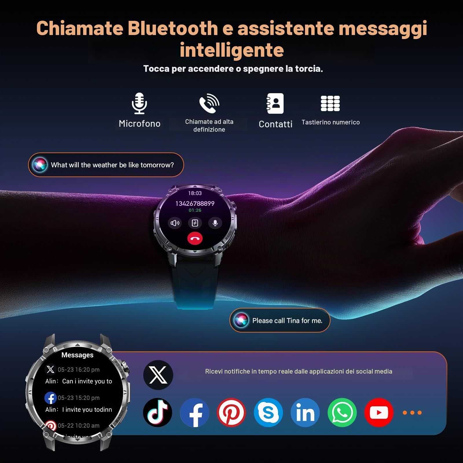 SLOKSFil Smartwatch Uomo con 1000mAh, Orologio Intelligente Fitness con Chiamate Bluetooth, 1.7" Militari Smart Watch Tracker 110+ Modalità Sportive Cardiofrequenzimetro Sonno Android iOS