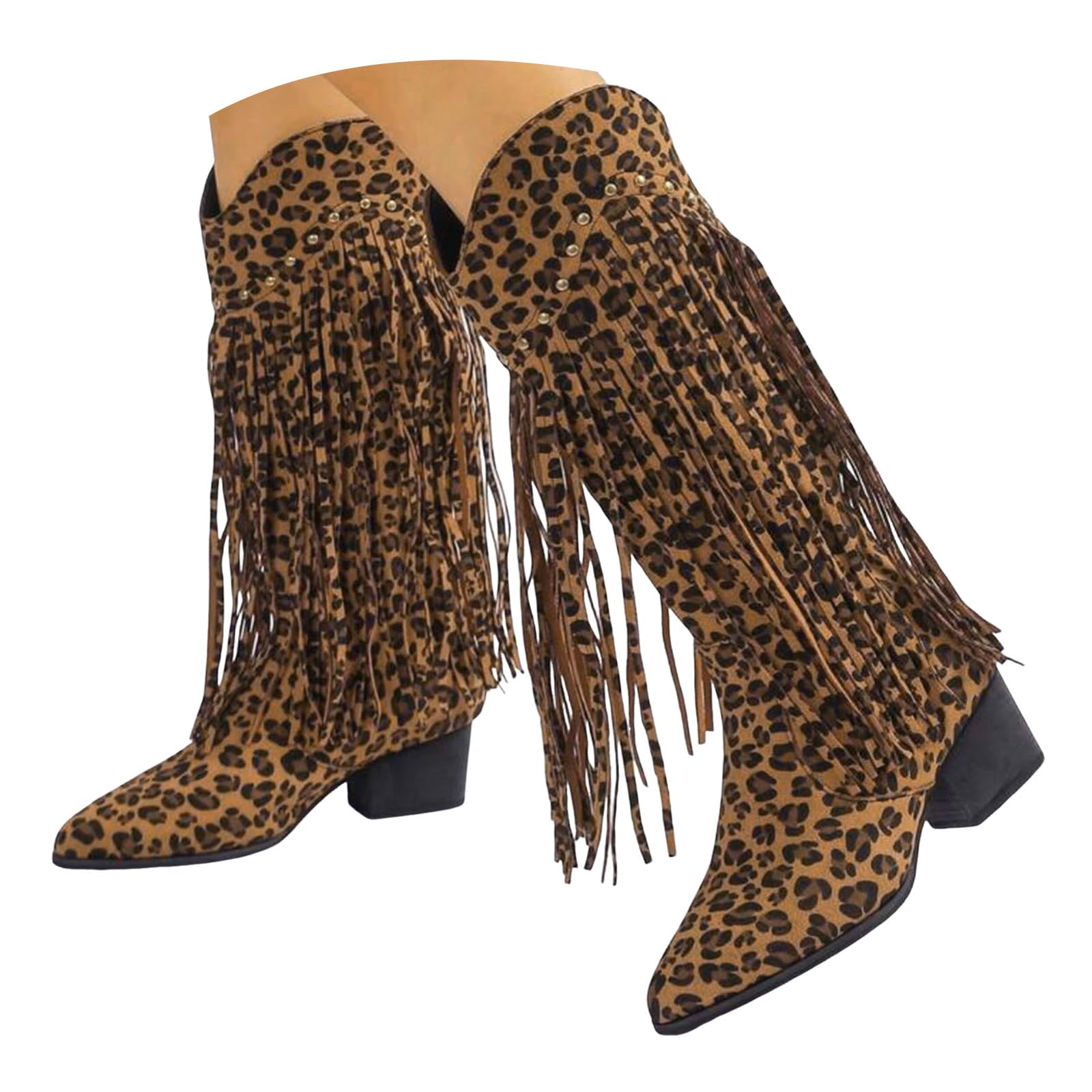 ZSpzx Women Cowboy Knee High Boots Western Cowgirl Fringe Wide Calf Leopard Print Pointed Toe Chunky Block Heels
