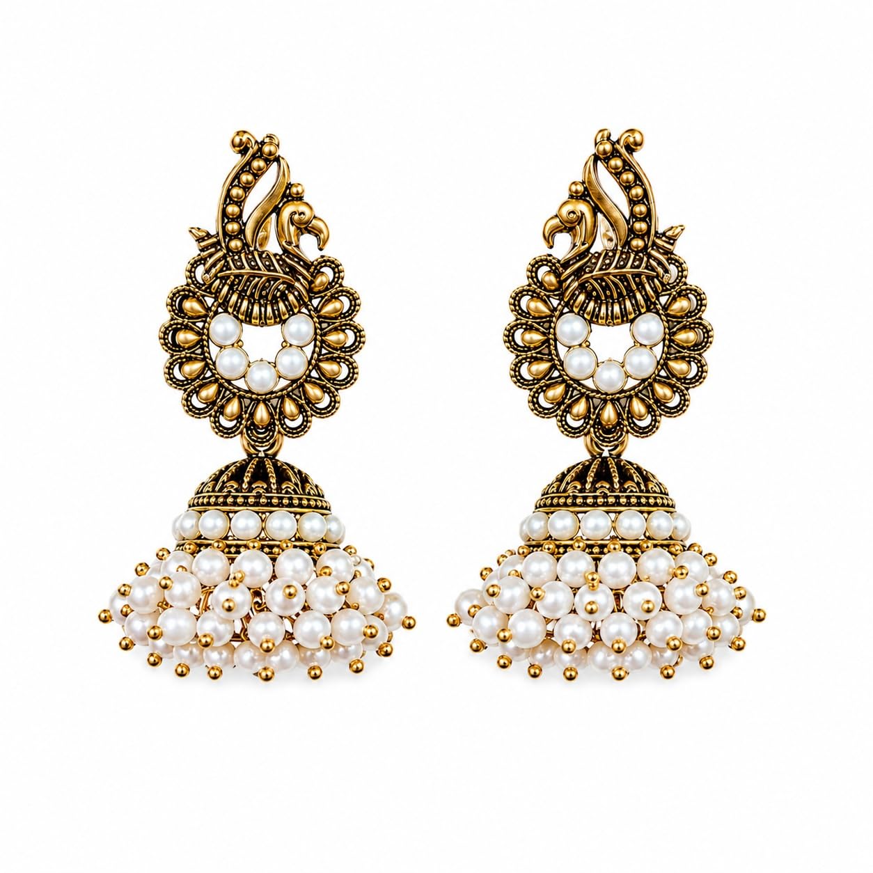 Ethnic Golden Peacock Jhumki Earrings Decorated with Faux Pearls Hanging Droplets, Traditional Festive Jhumkas Artificial Jewelry Gift for Women-image-17