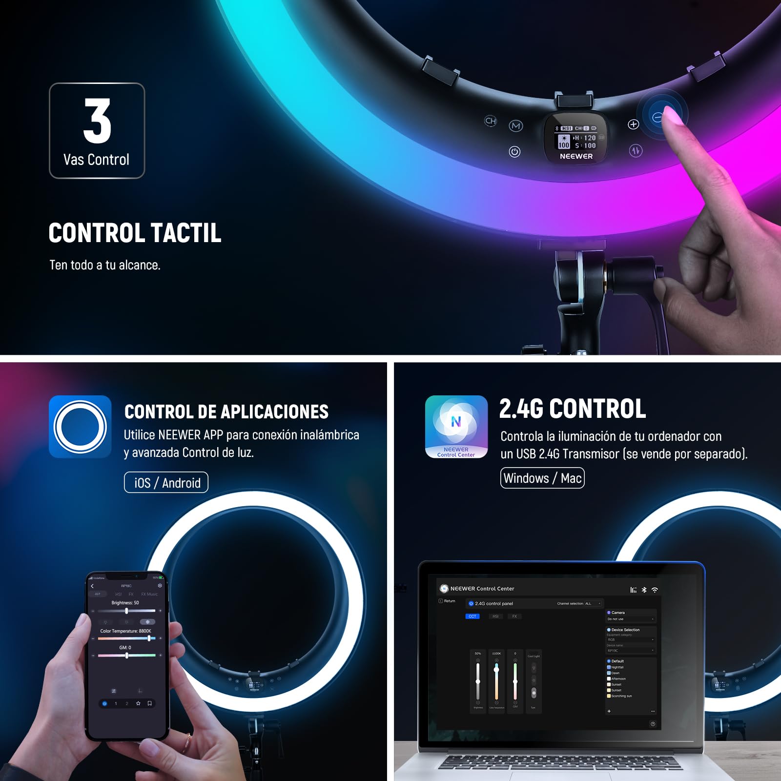 NEEWER 19" Anillo de Luz LED RGB con Soporte, 3 Soportes para Teléfono, Panel Táctil, 2.4G/App Control, 42W CRI97+ 2800lux/0.5m 360° Hue Regulable Iluminación para Transmisión en Vivo Zoom, RP19C