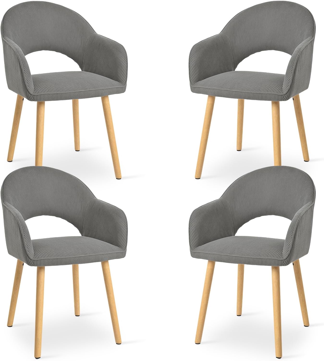 Dining Chairs Set of 4, Upholstered Chairs with Armrests& Wooden Legs, Corduroy Dining Armchairs, Ergonomic Kitchen Chair, Living Room Chair for Dining Room and Kitchen, Cord-Grey