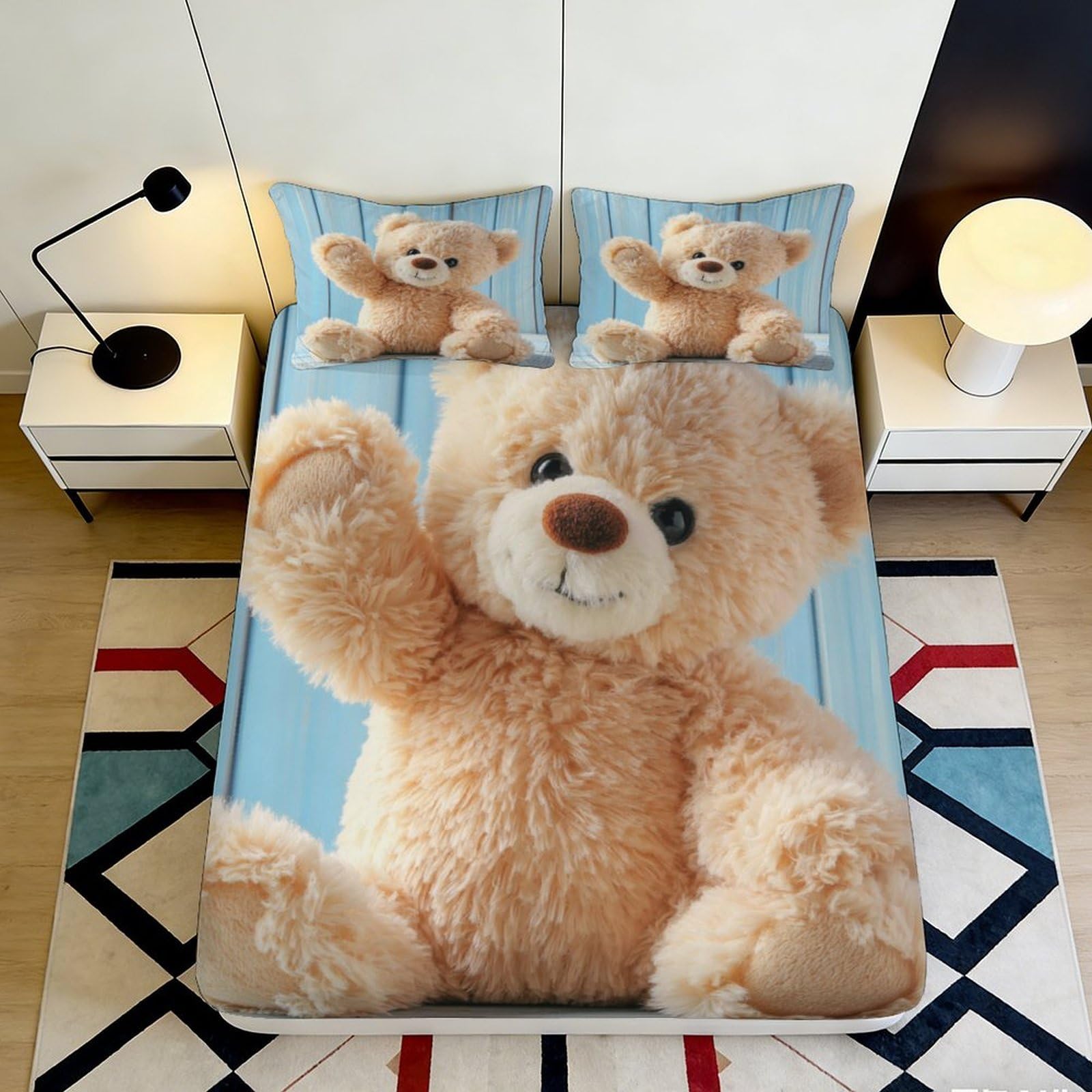 3D Printed Teddy Bear Fitted Sheet Microfiber Soft Durable Plush Bed Cover for Bedroom Dormitory Guest Room Mattress Protection Decor 200x200x25cm