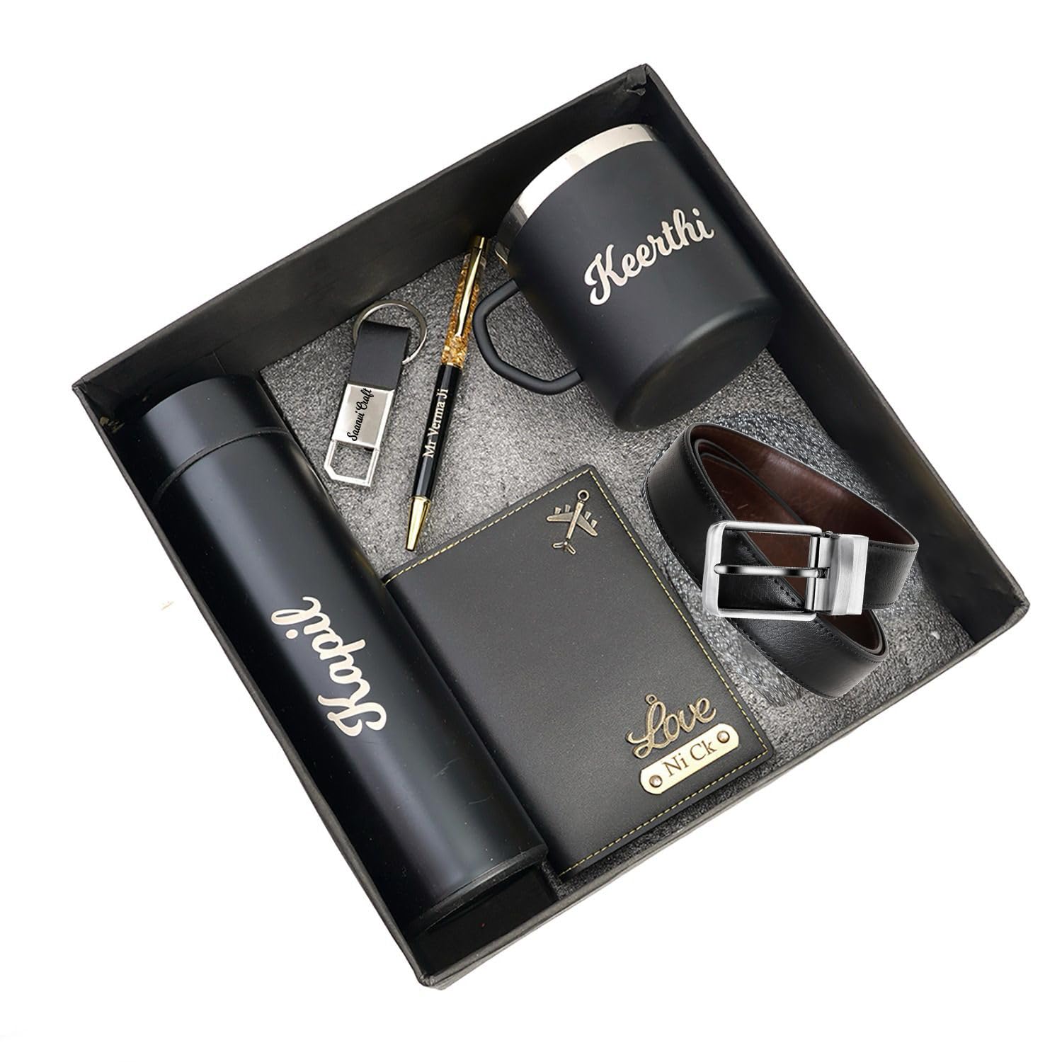 Tanvi Crafts Your Name Customized Mens Gift Hamper Set with Coffee Mug, Water Bottle, Passport Cover, Pen, Keychain and Mens Belt (Black)-image-19