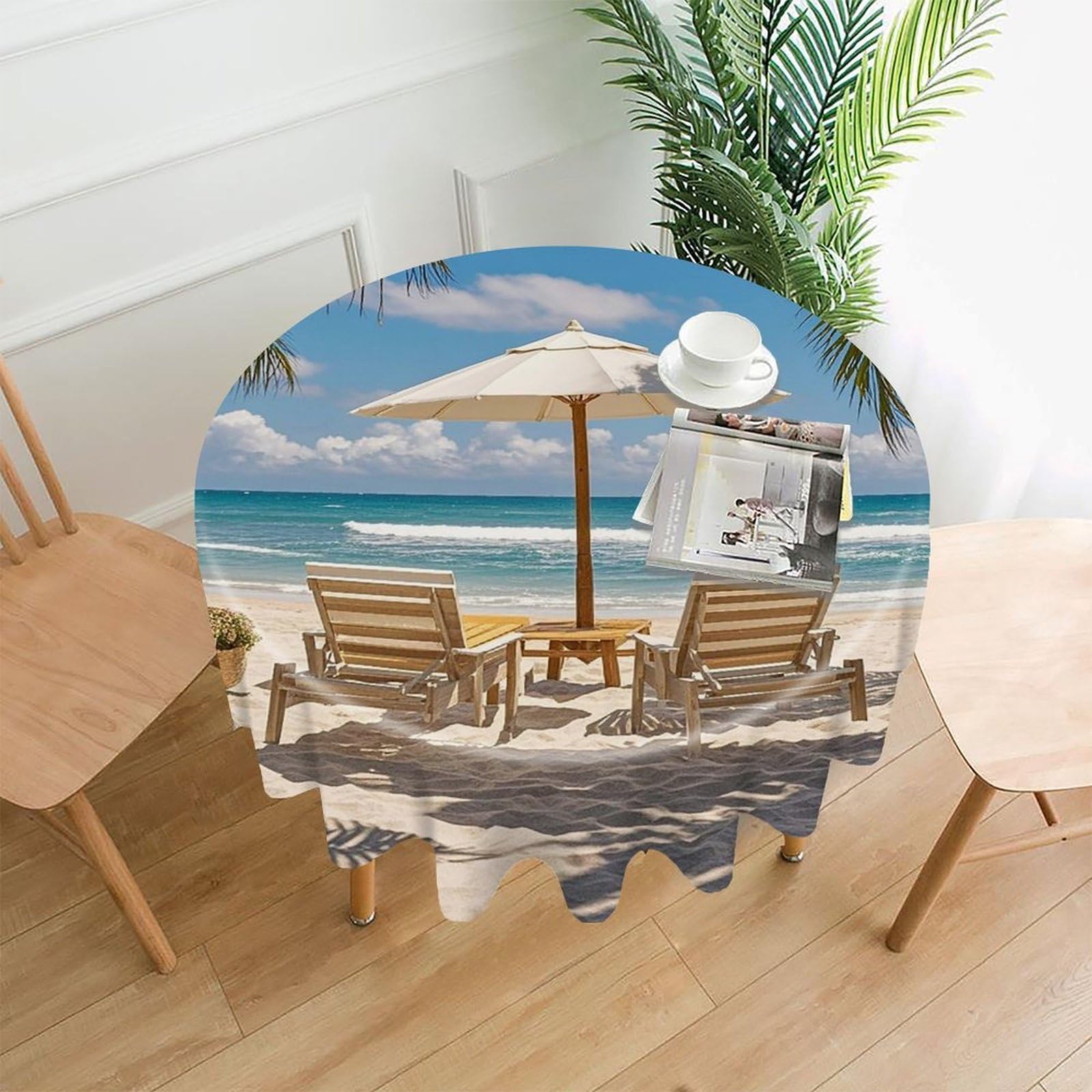 VstaDank Ocean Beach Theme Table Cloth Fashions Washable Round Tablecloth Decorative Table Cover Comfortable Straight Edge Tablecover for Dining Kitchen Party Outdoor 60 Inch