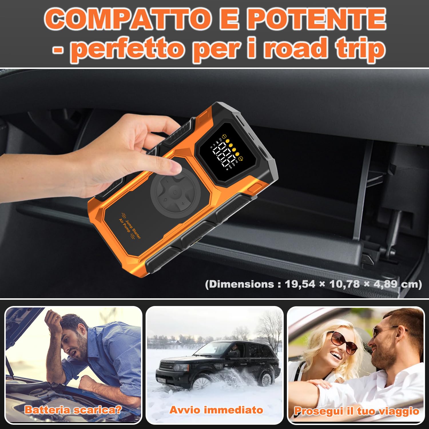 Booster Avviamento Auto con Aria Compressore, 5500A Avviatore Emergenza per Auto(Tutti Gas&10L Diesel), 12 Volt Professionale Starter Batteria Moto Portatile Carica Avviatore Batteria con Torcia, LED