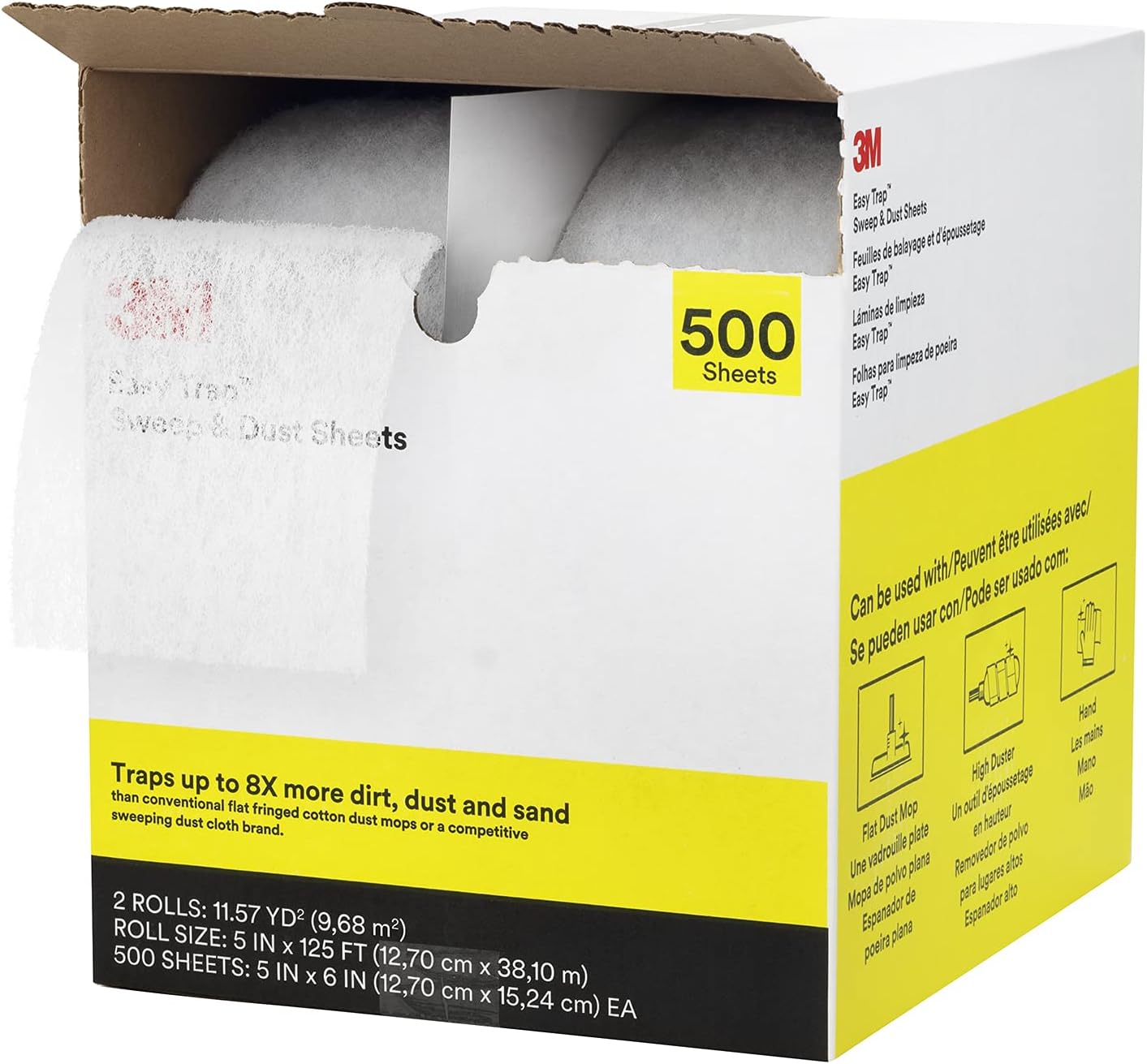 3M Easy Trap Sweep and Dust Sheets, 2 Rolls of 250 5" x 6" Sheets (500 Sheets), Disposable Easy Sweep Floor Duster, Picks Up 8x More Dirt, Dust, Sand, Hair, Works on Dry or Wet Surfaces, 55655W