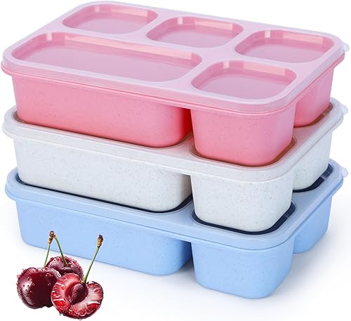 Miniatura 8 de Rinwoc Caja Bento [tamaño de la porción], paquete de 3 recipientes para aperitivos con 3 compartimentos para preparación de comidas y sobre la