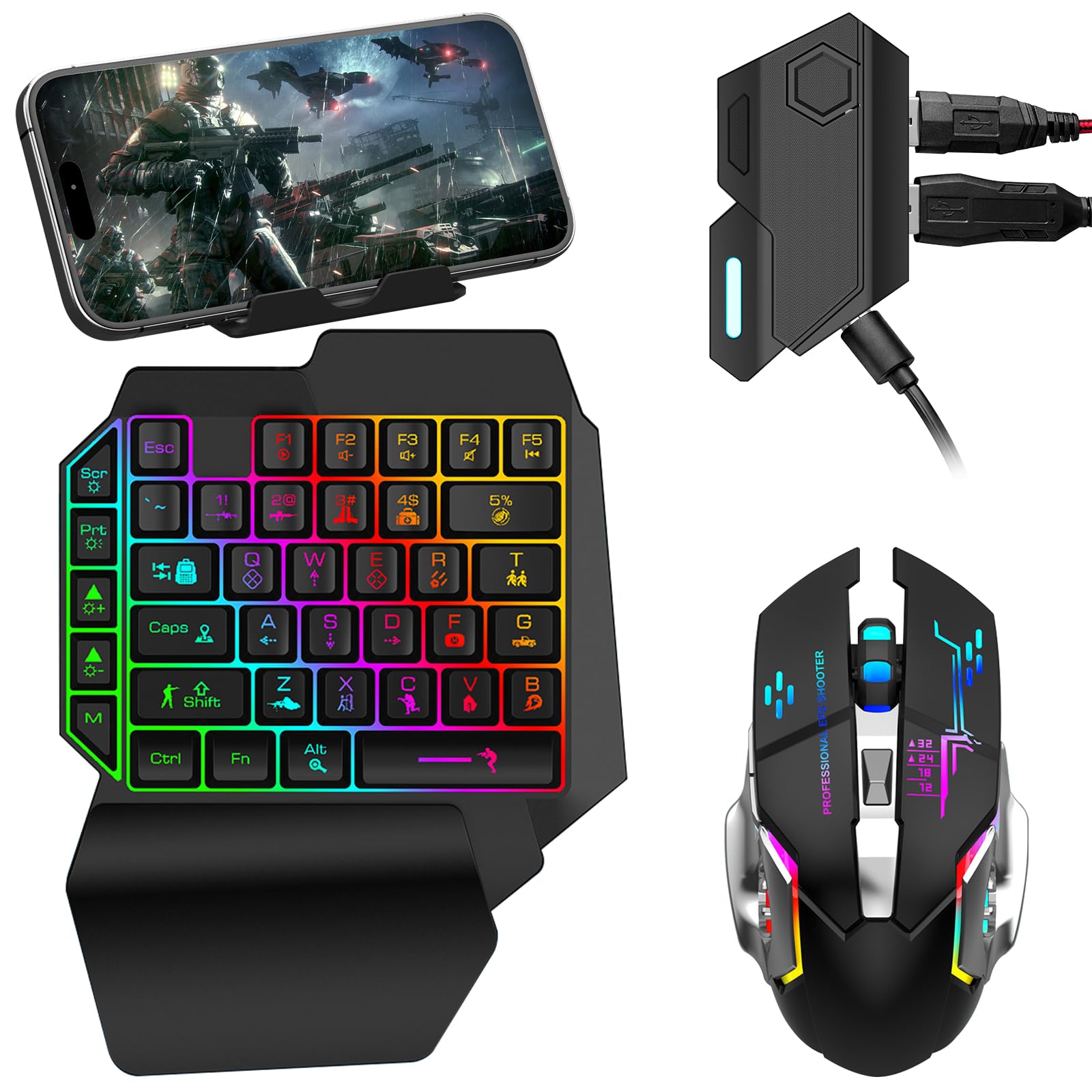 Bestcool Clavier mécanique Filaire à 39 Touches RVB avec Repose-Poignet, convertisseur de Souris de Jeu pour PUBG, Jeux sur téléphone Android, Pas pour iOS