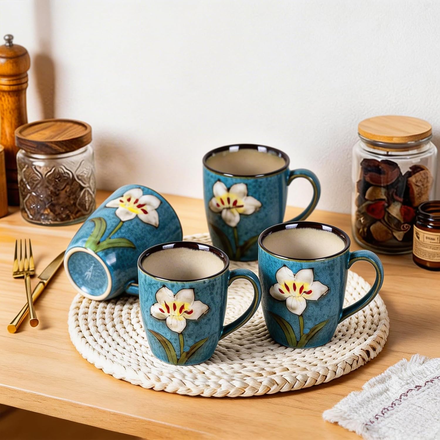 12oz Coffee Mugs Set of 4, Hand-Painted Floral Stoneware Cups with Handle, Dishwasher Microwave Oven Safe, Cappuccino Mugs for Latte, Tea, Espresso & Hot Cocoa, for Home Kitchen & Cafe, Blue