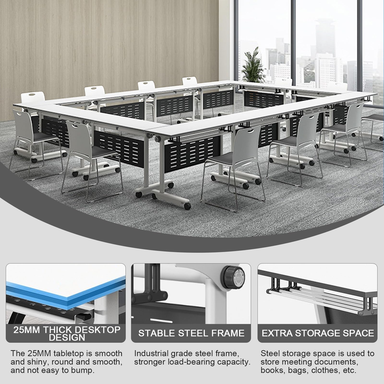 Tavoli da conferenza pieghevoli e mobili, 160 x 40 cm, con piano ribaltabile e ruote, ideali per ufficio, sale riunioni, corsi di formazione e seminari. Set da 4 pezzi con vano portaoggetti.