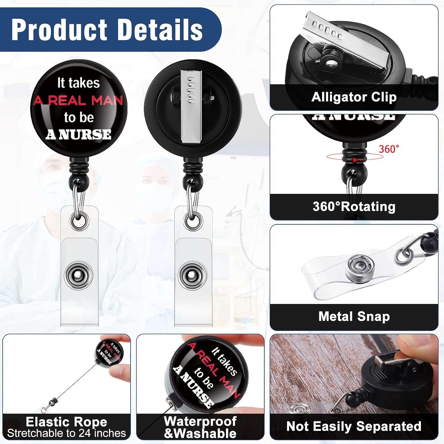 4 Pieces Funny Male Nurse Badge Reels Holder Retractable ID Clip and Extra Long Cord I Don't Know I Just Work Here It Takes a Real Man to Be a Nurse Male Gifts for Doctor image 3