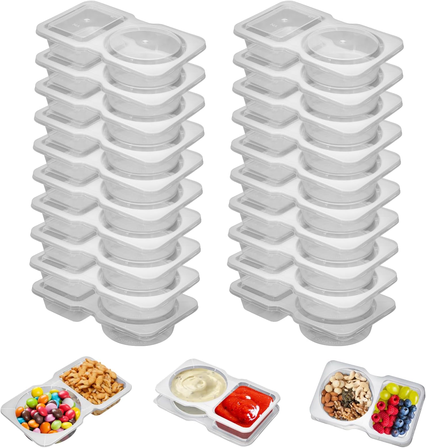UVHJW 20 Set Reusable Snack Containers, 2-Compartment Dipping Containers with Lid for Refrigeration, Portion Control, Outdoor Takeaway Sauce Dip Case