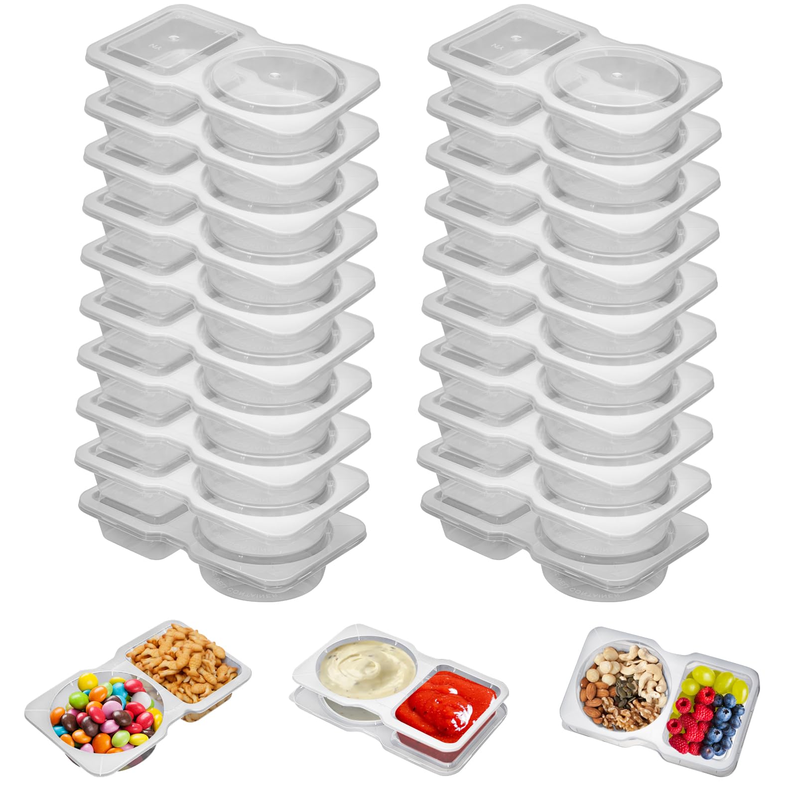 20 Set Reusable Snack Containers, 2-Compartment Dipping Containers with Lid for Refrigeration, Portion Control, Outdoor Takeaway Sauce Dip Case