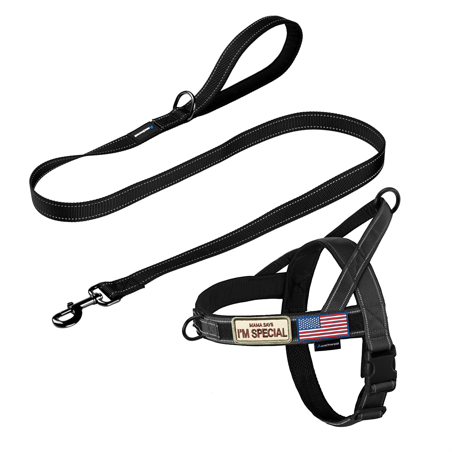 Annchwool No Pull Dog Harness with Padded Handle+5 Ft Leash,Reflective Strip Escape Proof and Quick Fit to Adjust Dog Harness,Easy for Training