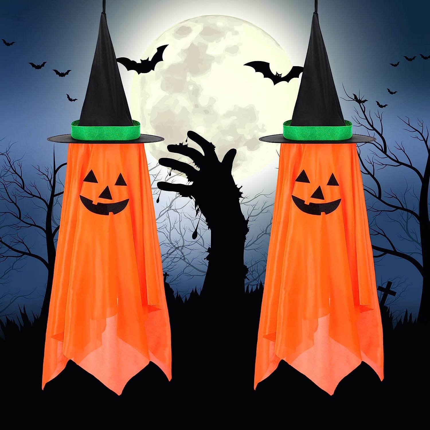 SKADE 2 Pcs Halloween Hanging Pumpkin Decorations Halloween Outdoor Ghost Witch Decor Cute Hanging Pumpkin Decor Halloween Orange Ornaments Party Decor for Fall Home Garden Tree Porch Lawn Window