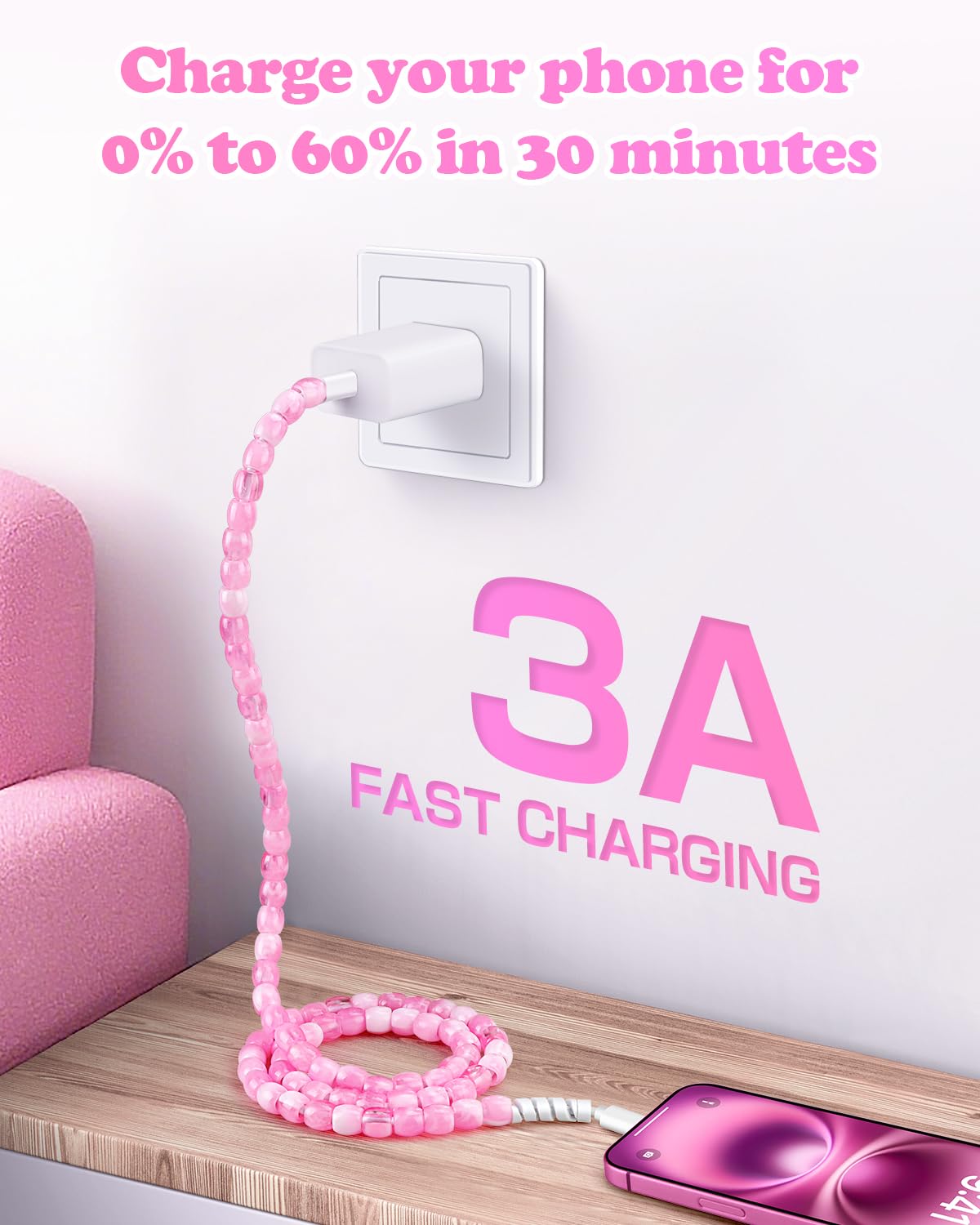 Cable USB para iPhone 16, cable de carga rápida de 66 W, cable USB C a USB C de 3.3 pies, elegante y duradero, con cuentas, cargador tipo C, para niñas y mujeres, para iPhone 15, Samsung S25, S24
