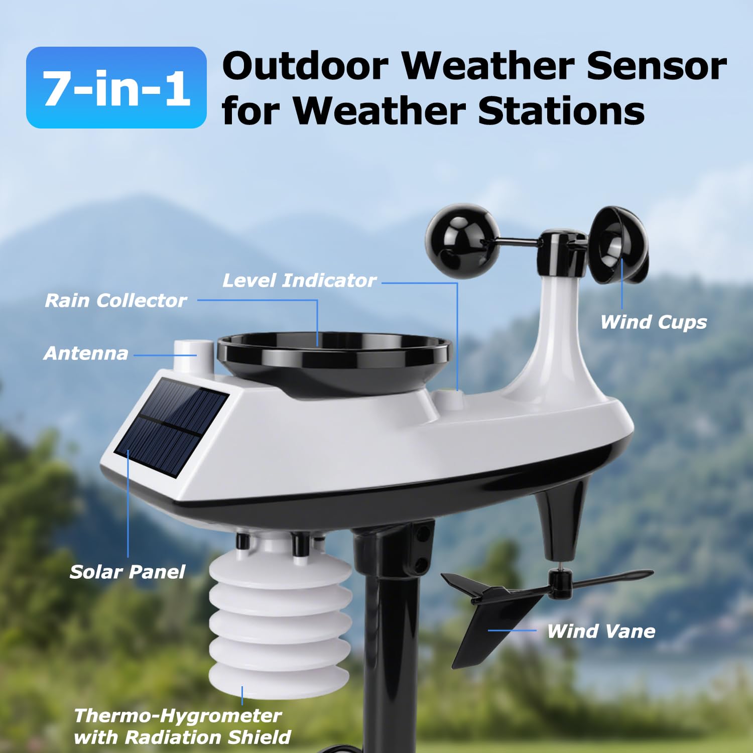 Stazione meteo wireless con sensore esterno, velocità del vento e pluviometro 10 in 1, monitor di umidità della temperatura, barometro, previsioni meteo, calendario e sveglia, display LCD per la casa