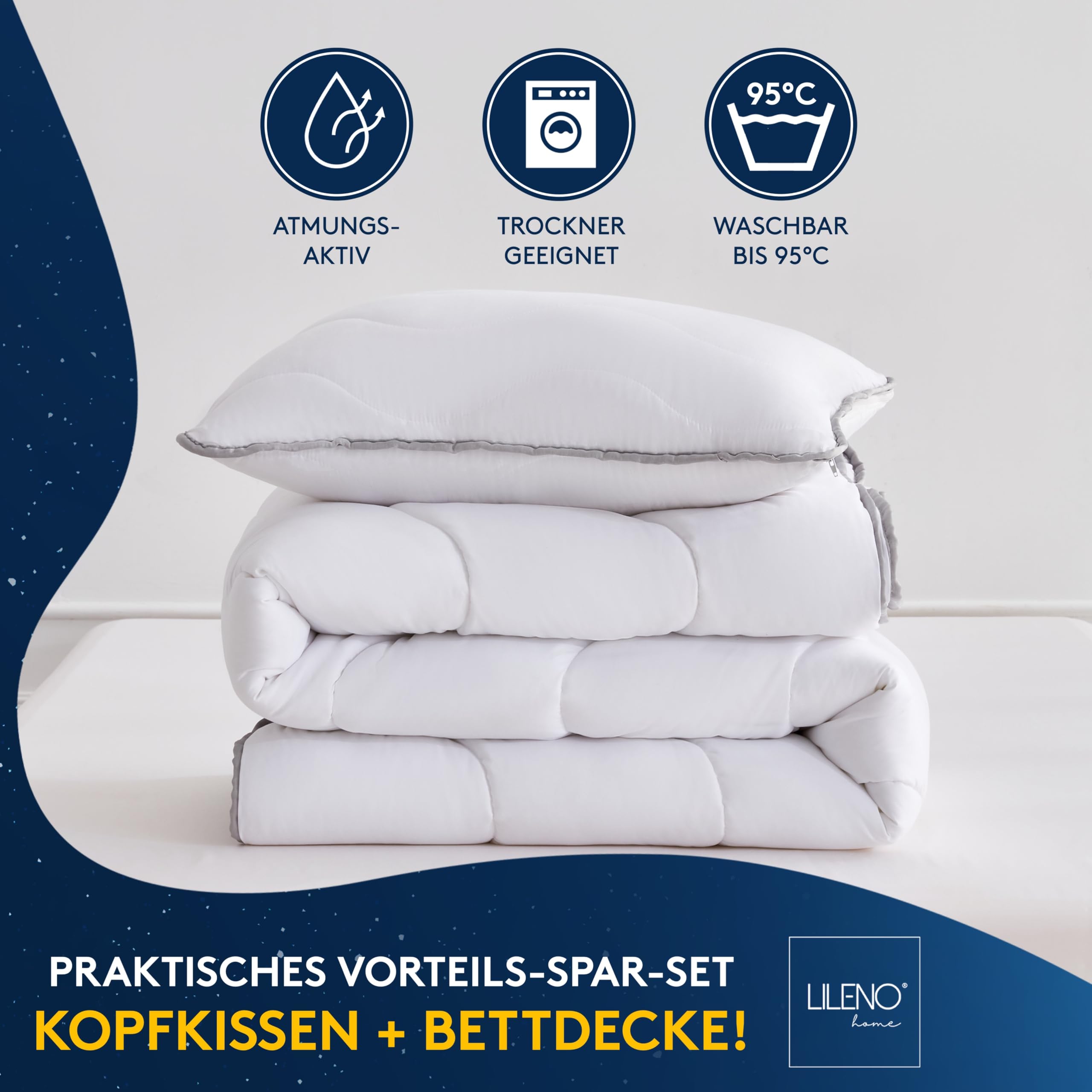 LILENO HOME Kołdra premium na 4 pory roku 155 x 220 cm + poduszka 80 x 80 cm [1 zestaw] z hipoalergiczną kołdrą Sanitized 155 x 220 cm + poduszka 80 x 80 cm, na lato i zimę, odporna na gotowanie do